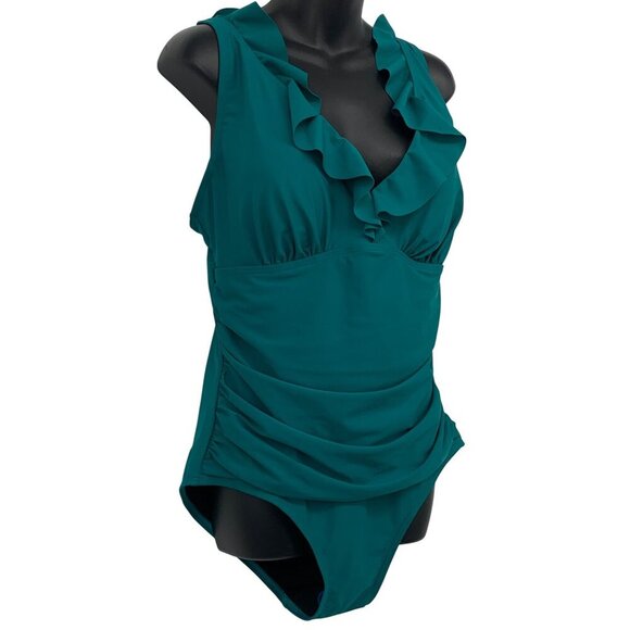 DKNY Women Ruffle Teal Swimsuit Size 16 One Piece Compression UPF SPF 50 New - Picture 3 of 7